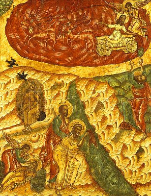 Die Himmelfahrt Elijas in einem goldenen Triumphwagen